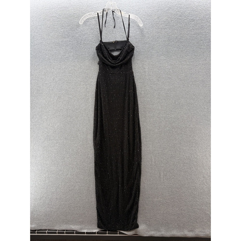 Oh Polly Dress Size 0 Black Beaded Cowl Neck Cut Out Maxi Gown Bow Detail Formal
